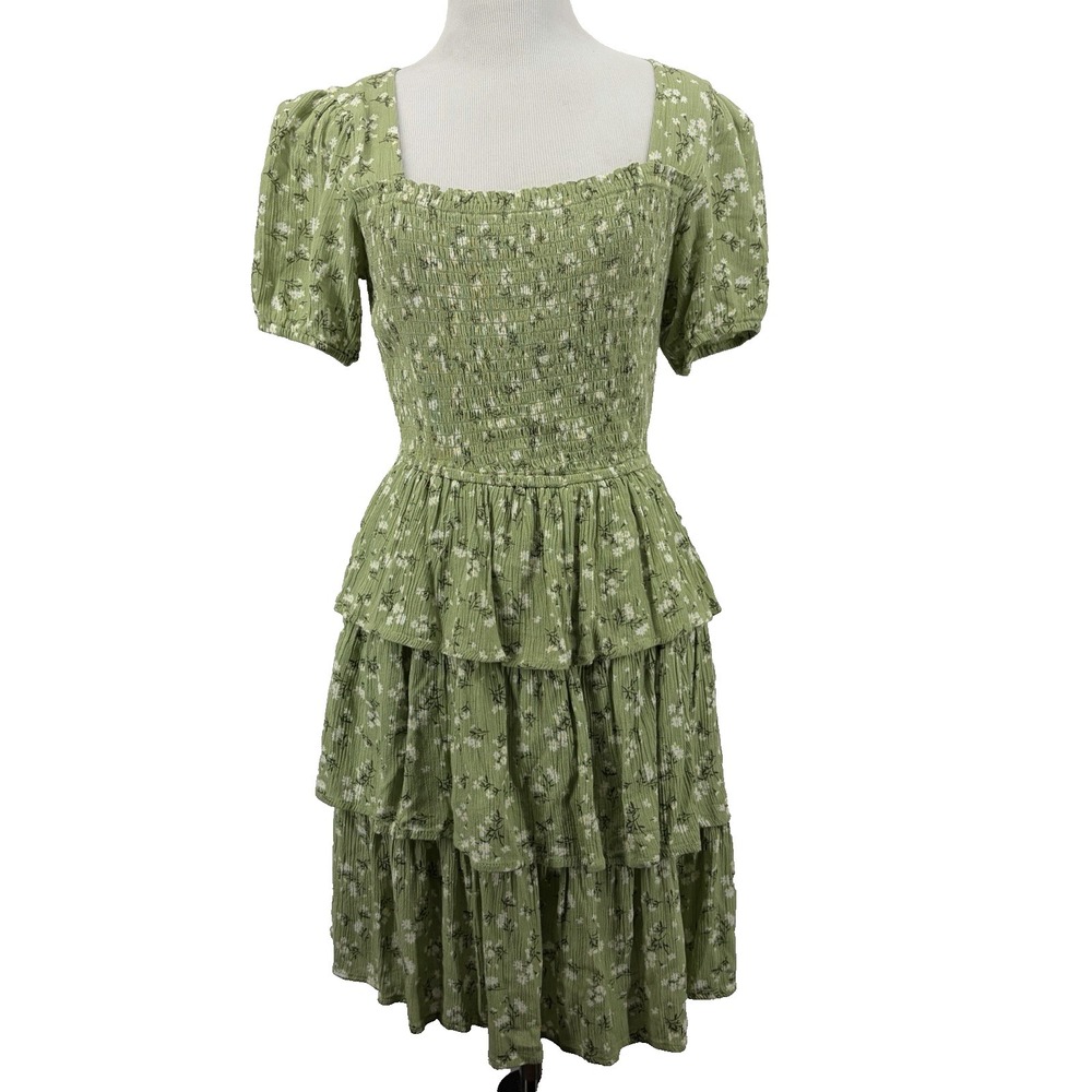 Libery Love Size S‎ Smocked Cottagecore Dress Puff Sleeve Green Floral Coquette